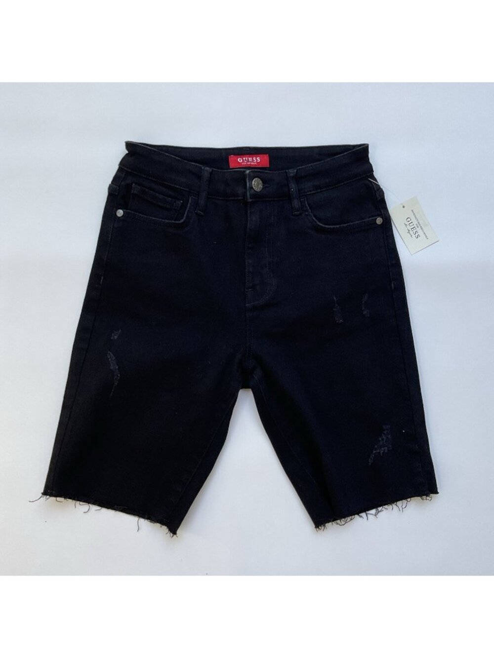 Guess Women’s High Rise Bermuda Short In Black Super Stretch Denim Size 27